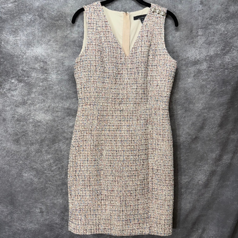 White House Black Market Tweed Sheath Dress Sz 4 Beige Multicolor Career Preppy